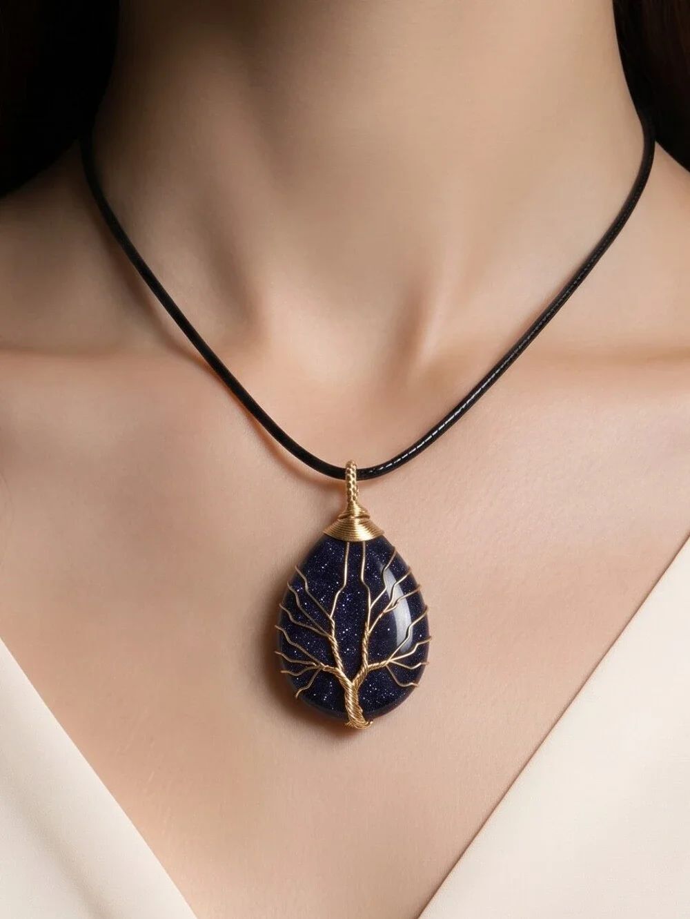 Blue Goldstone Tree of Life Necklace Gold Wire Wrapped Teardrop Boho Pendant